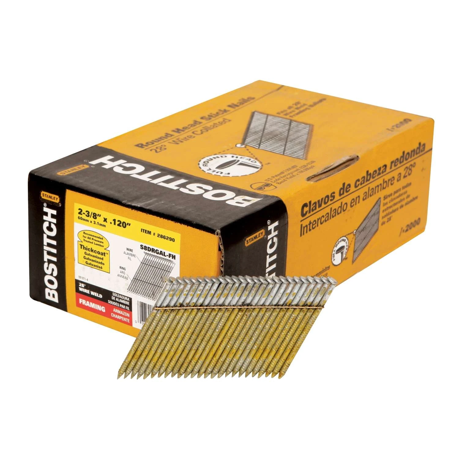 Bostitch 2-3/8 In. 10 Ga. Angled Strip Galvanized Stick Nails 28 Deg 2000 Pk 3 Bostitch 2-3/8 In. 10 Ga. Angled Strip Galvanized Stick Nails 28 Deg 2000 Pk