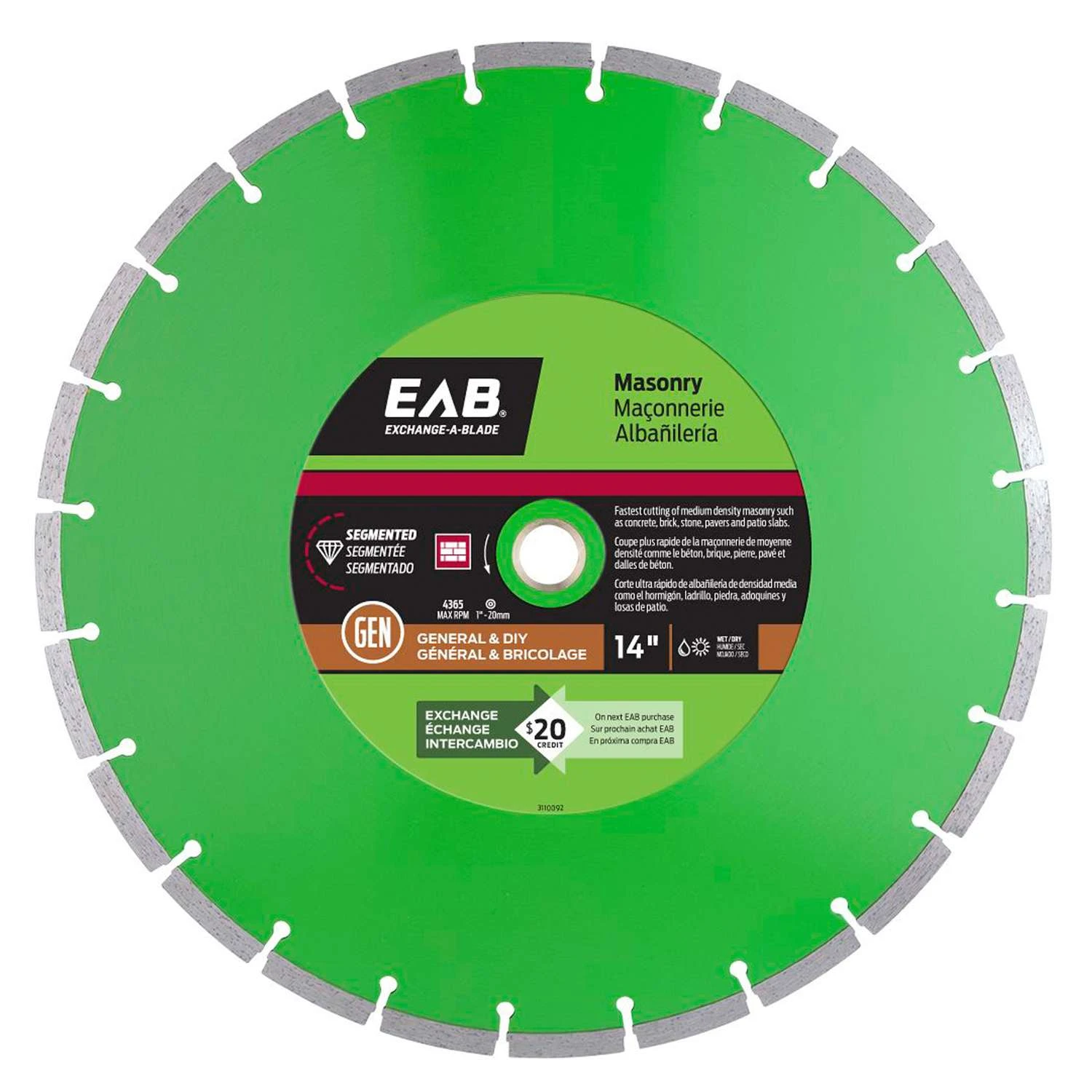 Exchange-A-Blade 14 In. D X 1 In. Diamond Segmented Rim Diamond Saw Blade 1 Pk 3 Exchange-A-Blade 14 In. D X 1 In. Diamond Segmented Rim Diamond Saw Blade 1 Pk
