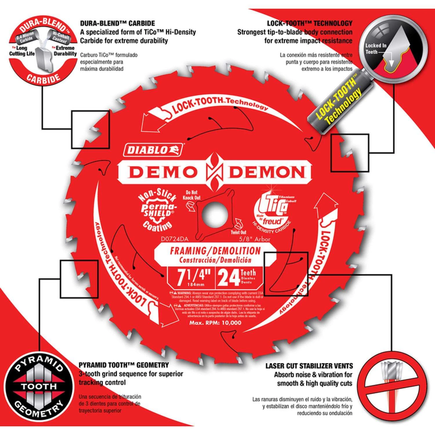 Diablo Demo Demon 7-1/4 In. D X 5/8 In. TiCo Hi-Density Carbide Circular Saw Blade 24 Teeth 1 Pk 4 Diablo Demo Demon 7-1/4 In. D X 5/8 In. TiCo Hi-Density Carbide Circular Saw Blade 24 Teeth 1 Pk - Image 2