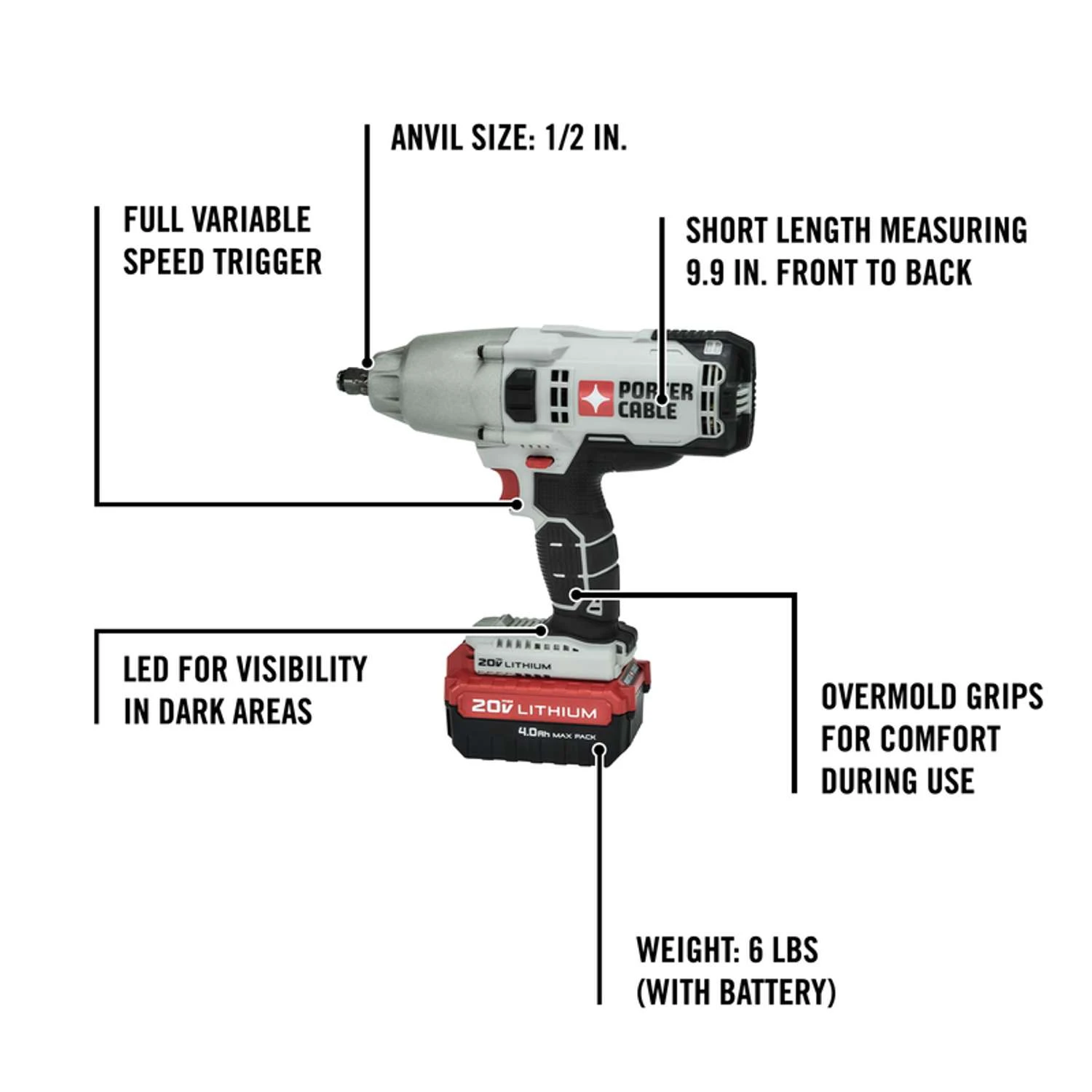 Porter Cable 20V 1/2 In. Cordless Brushed Impact Wrench Kit (Battery & Charger) 4 Porter Cable 20V 1/2 In. Cordless Brushed Impact Wrench Kit (Battery & Charger) - Image 2