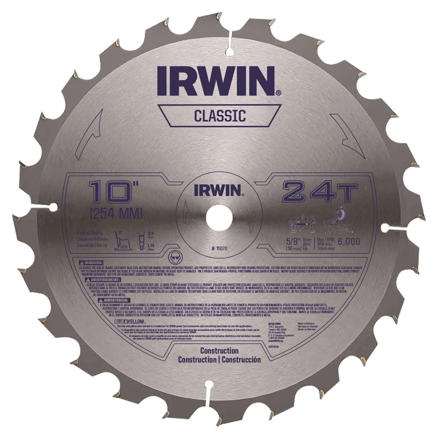 Irwin 10 In. D X 5/8 In. Classic Steel Circular Saw Blade 24 Teeth 1 Pk 3 Irwin 10 In. D X 5/8 In. Classic Steel Circular Saw Blade 24 Teeth 1 Pk