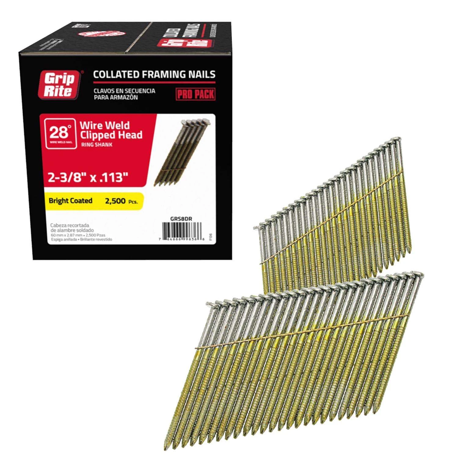 Grip-Rite 2-3/8 In. 11-1/2 Ga. Angled Strip Bright Framing Nails 28 Deg 2500 Pk 3 Grip-Rite 2-3/8 In. 11-1/2 Ga. Angled Strip Bright Framing Nails 28 Deg 2500 Pk