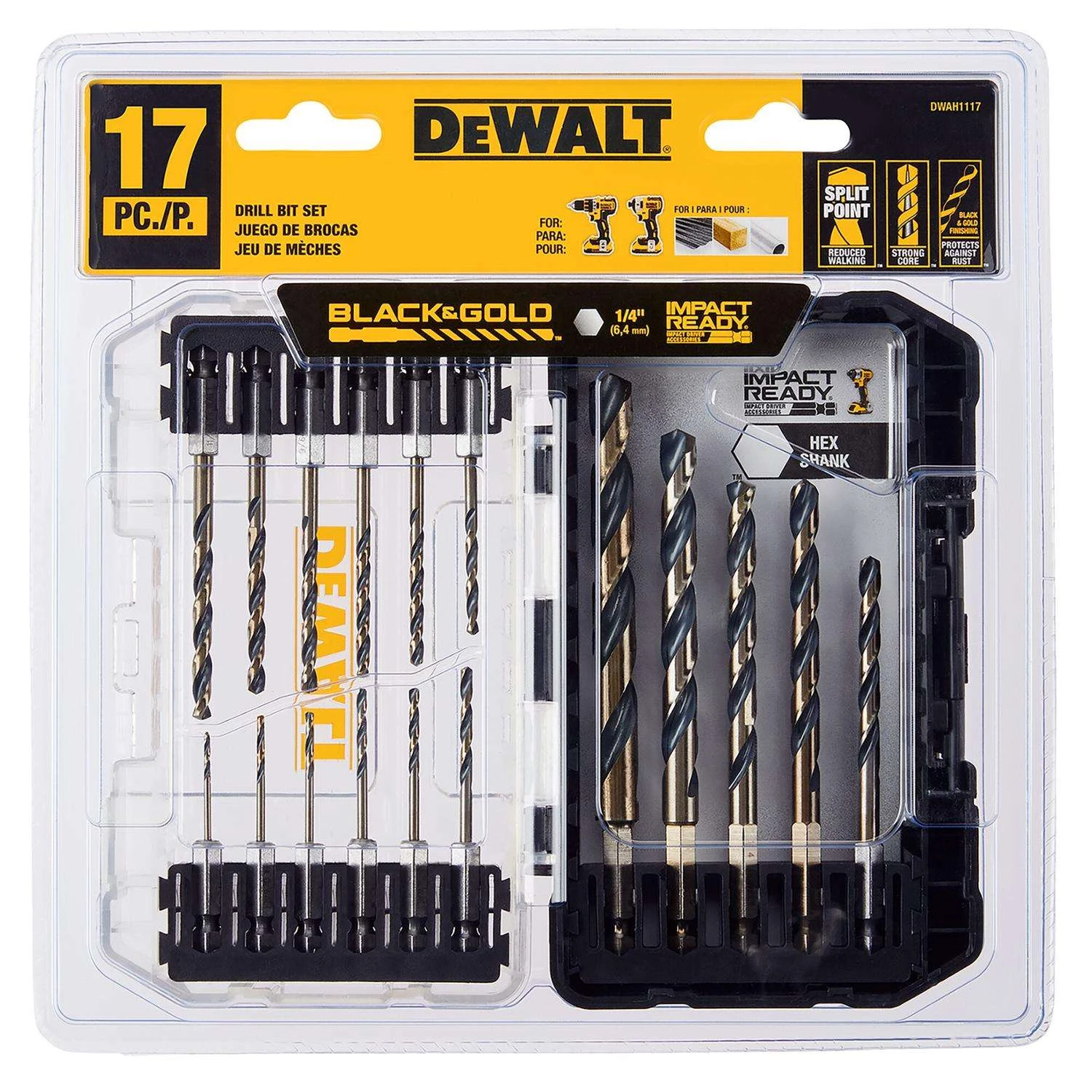 DeWalt Black & Gold High Speed Steel Impact Ready Drill Bit Set Hex Shank 17 Pc 3 DeWalt Black & Gold High Speed Steel Impact Ready Drill Bit Set Hex Shank 17 Pc