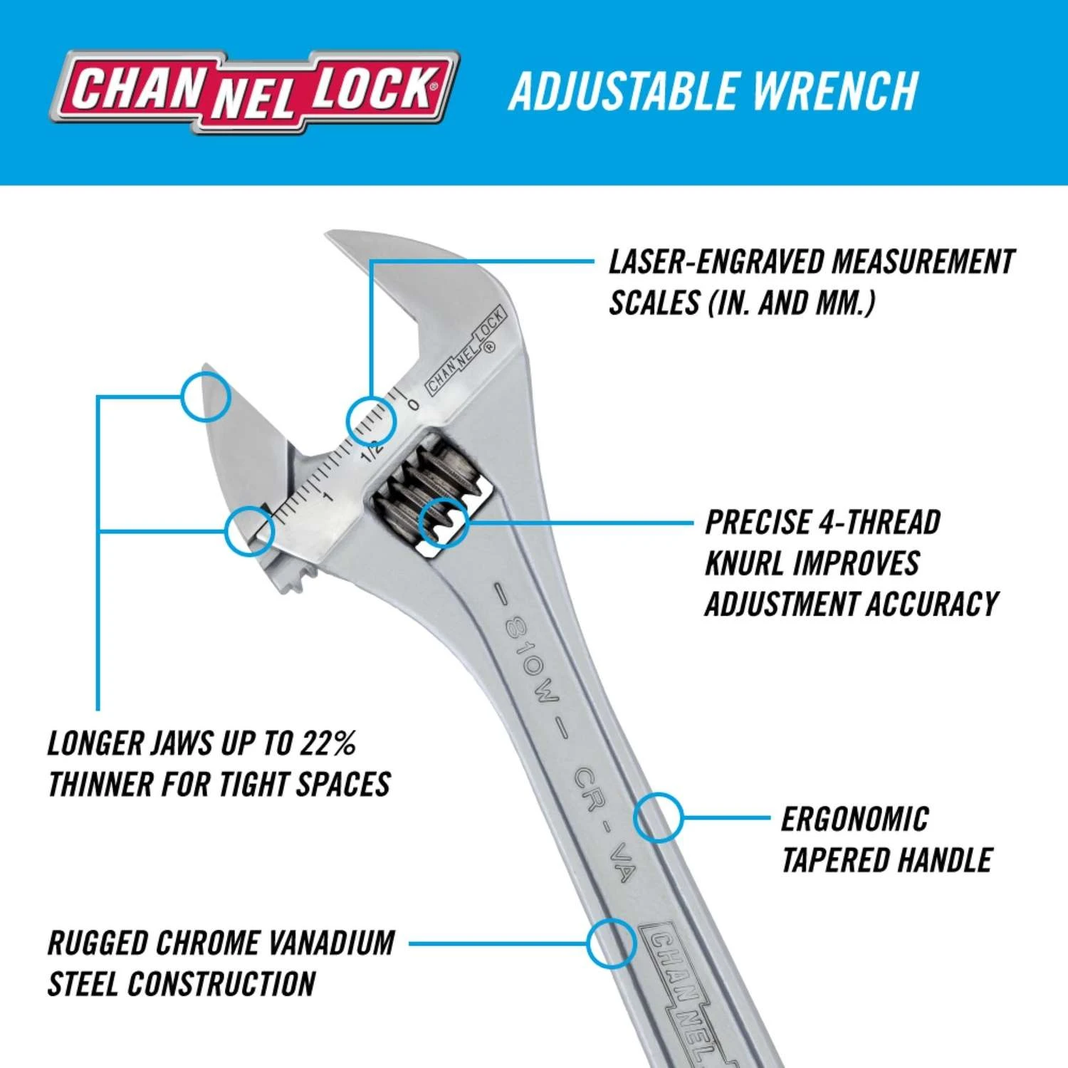 Channellock Metric And SAE Adjustable Wrench 10 In. L 1 Pc 6 Channellock Metric And SAE Adjustable Wrench 10 In. L 1 Pc - Image 4